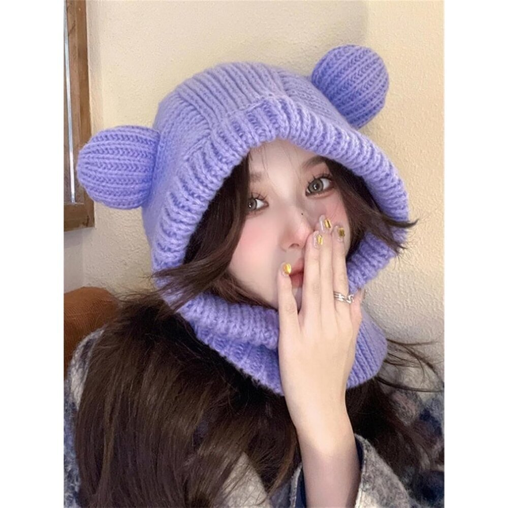 Women's Purple Cute Bear Balaclava Warm Hooded Scarf Beanie Hat Skull Pullover - Picture 2 of 7